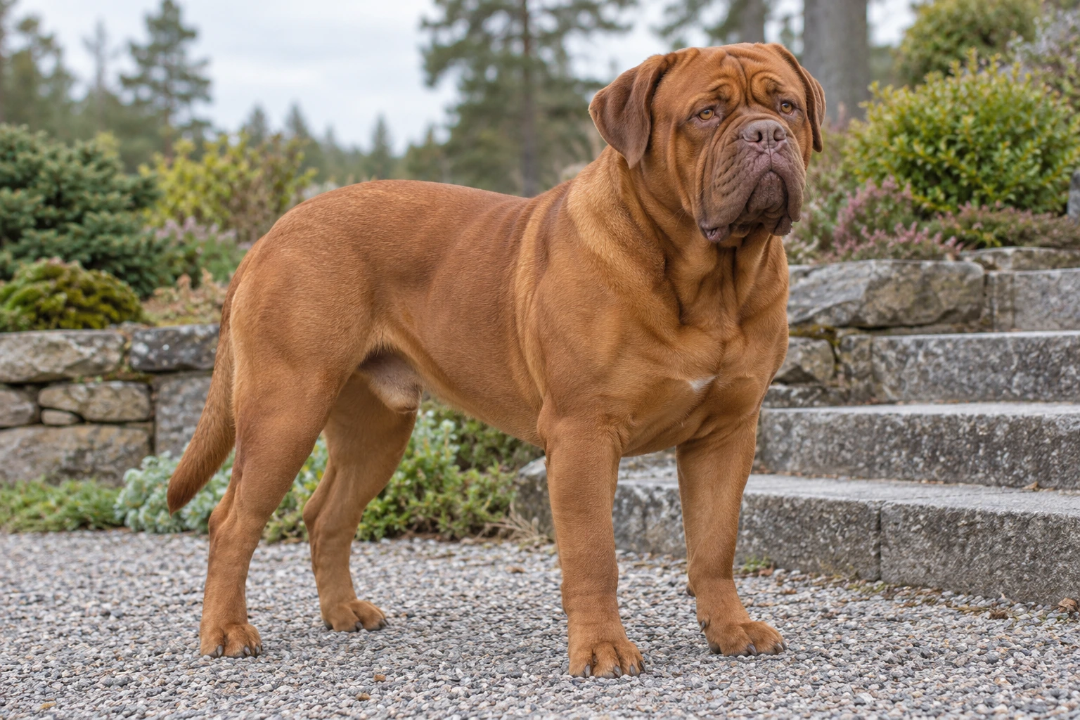 Mahognifarvet Dogue de Bordeaux med brun maske står ved en stentrappe.