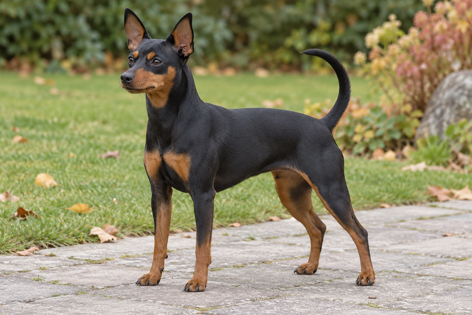 Sort Dværgpinscher med tan-aftegninger og naturlig seglhale står på havens fliser.