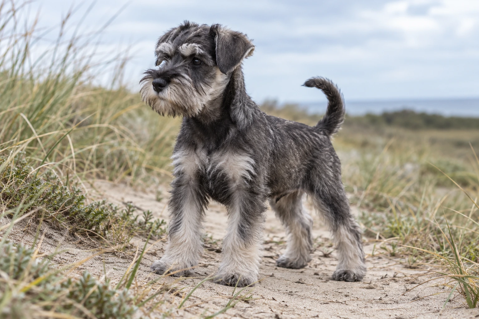 Hvalp af racen Dværgschnauzer, ca. 12 uger, i et nordisk hverdagsmiljø
