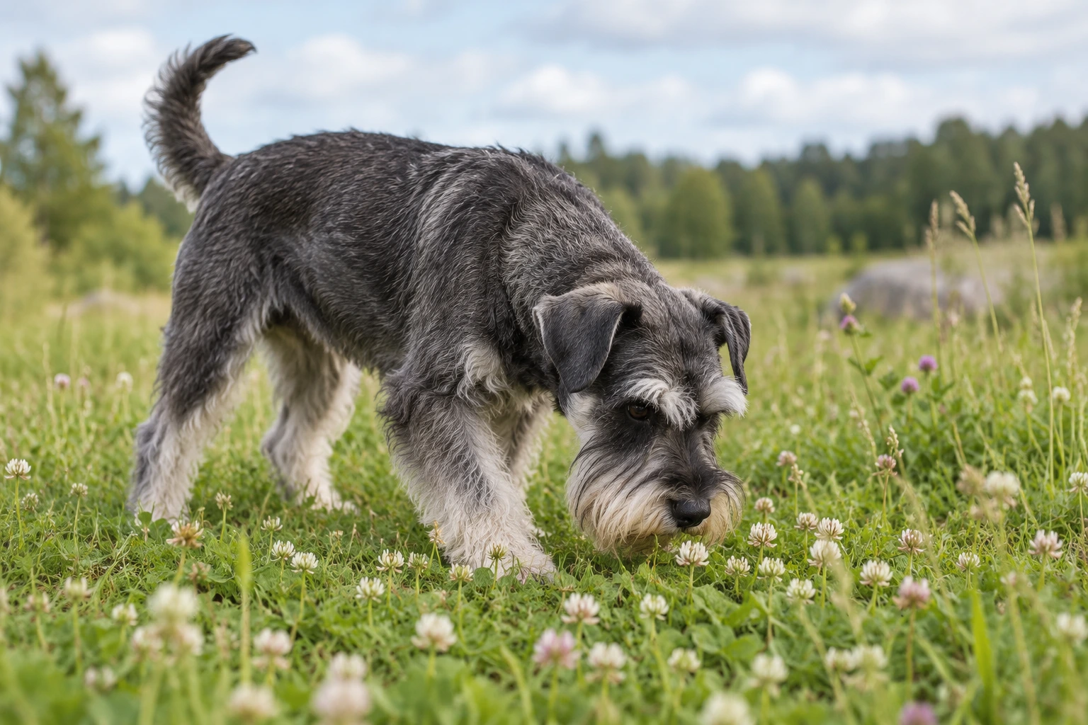 Senior af racen Dværgschnauzer, ca. 10 år, i et nordisk hverdagsmiljø