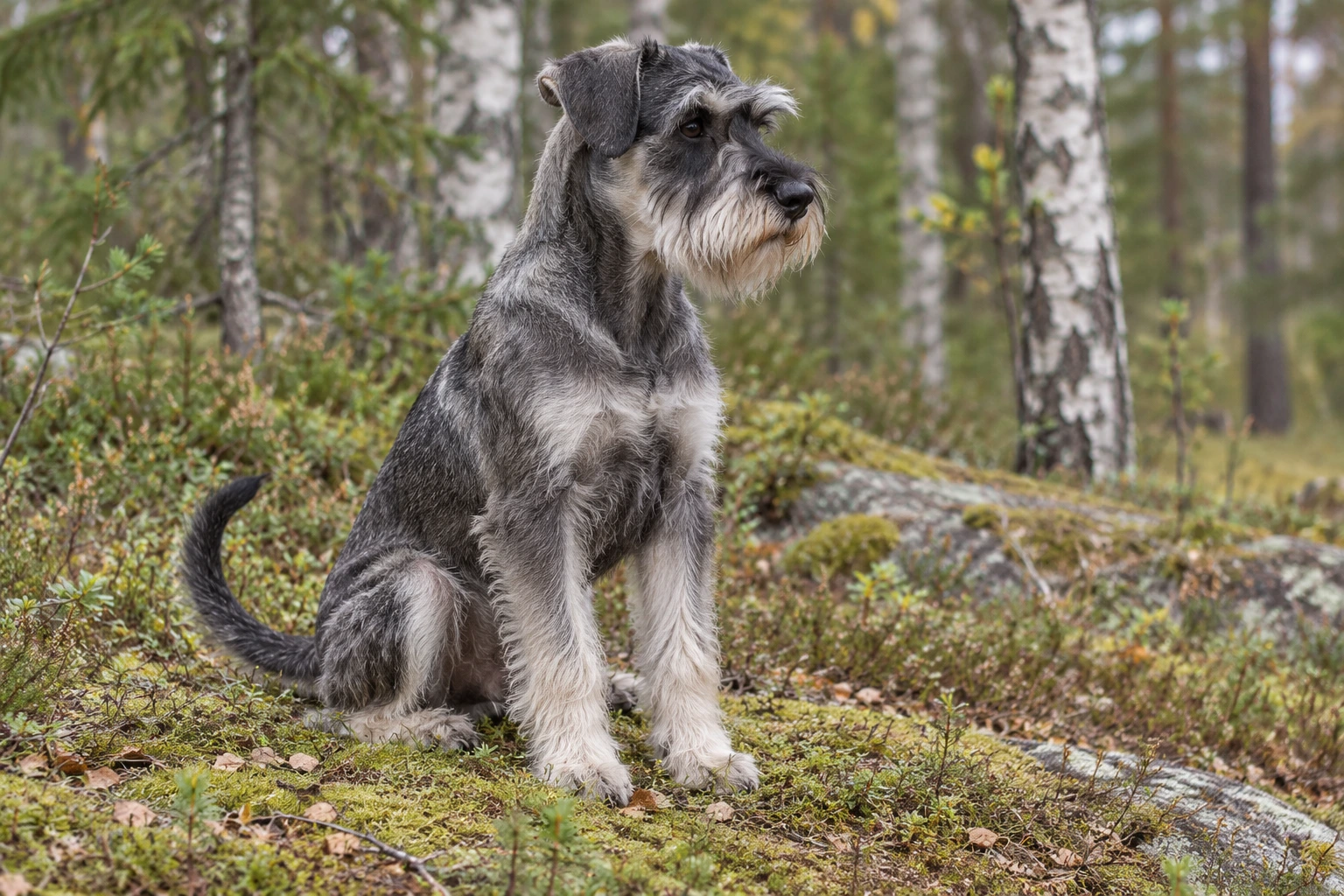 Unghund af racen Dværgschnauzer, ca. 9 måneder, i et nordisk hverdagsmiljø