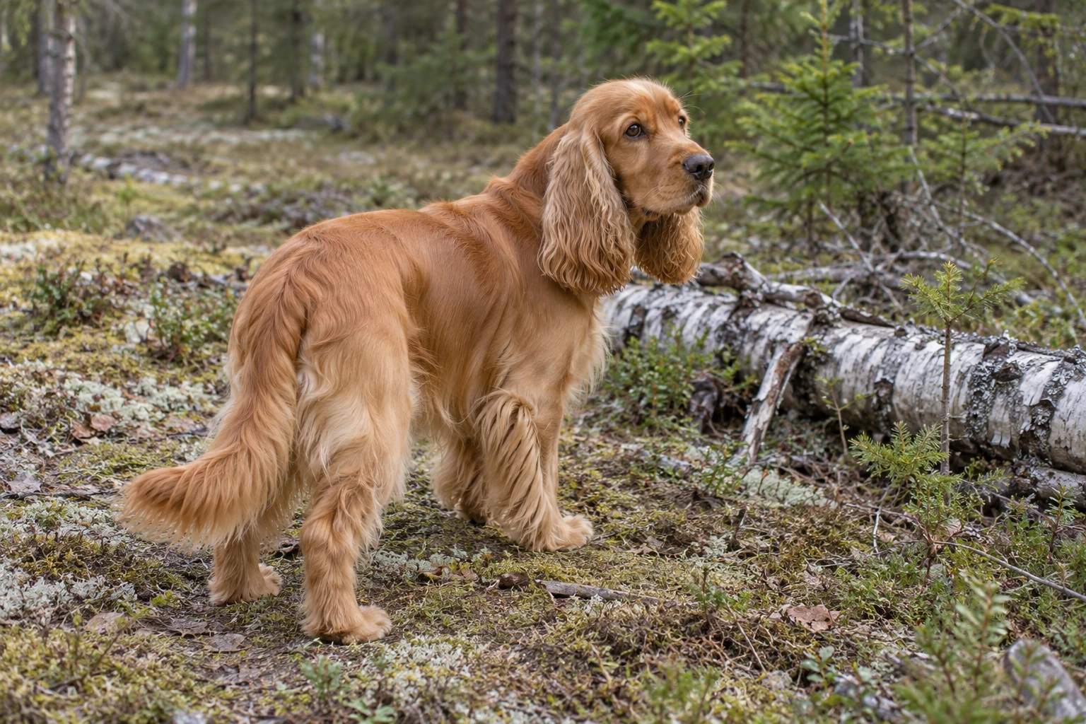 Gylden voksen Engelsk Cocker Spaniel står i en birkeskov