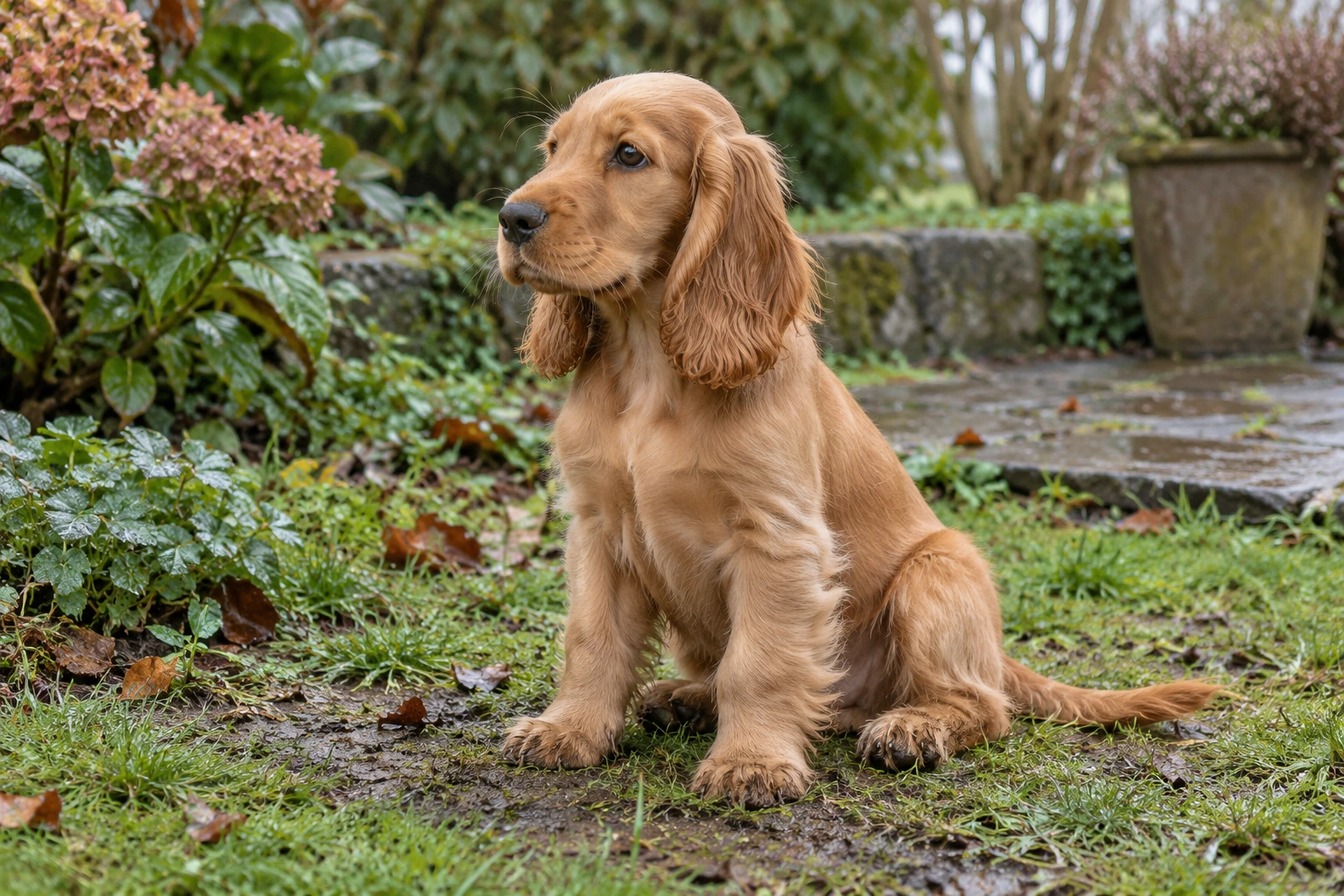 Hvalp af racen Engelsk Cocker Spaniel, ca. 12 uger, i et nordisk hverdagsmiljø