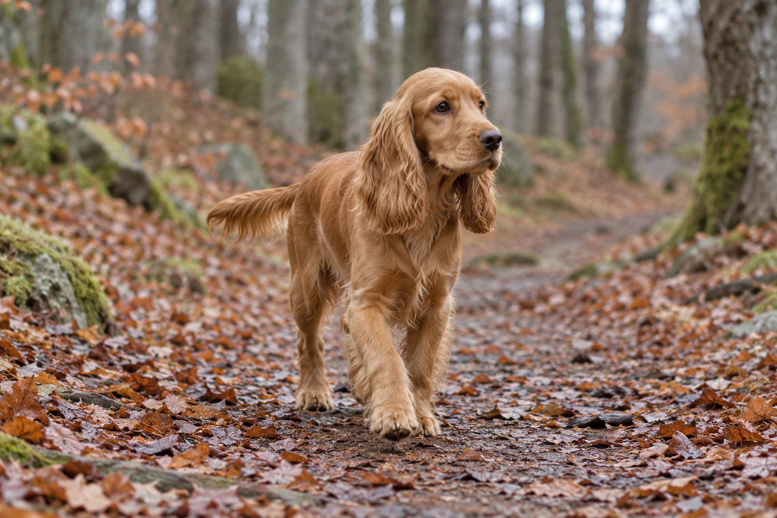 Unghund af racen Engelsk Cocker Spaniel, ca. 9 måneder, i et nordisk hverdagsmiljø