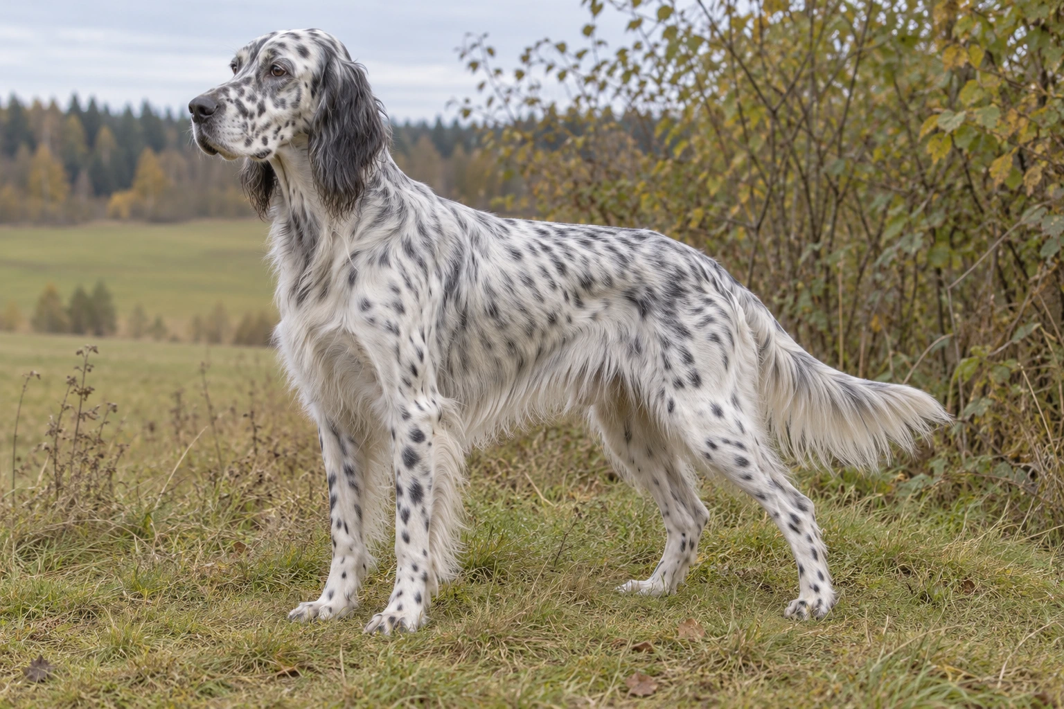 Blå belton Engelsk Setter med plettet silkeagtig pels står ved et levende hegn.