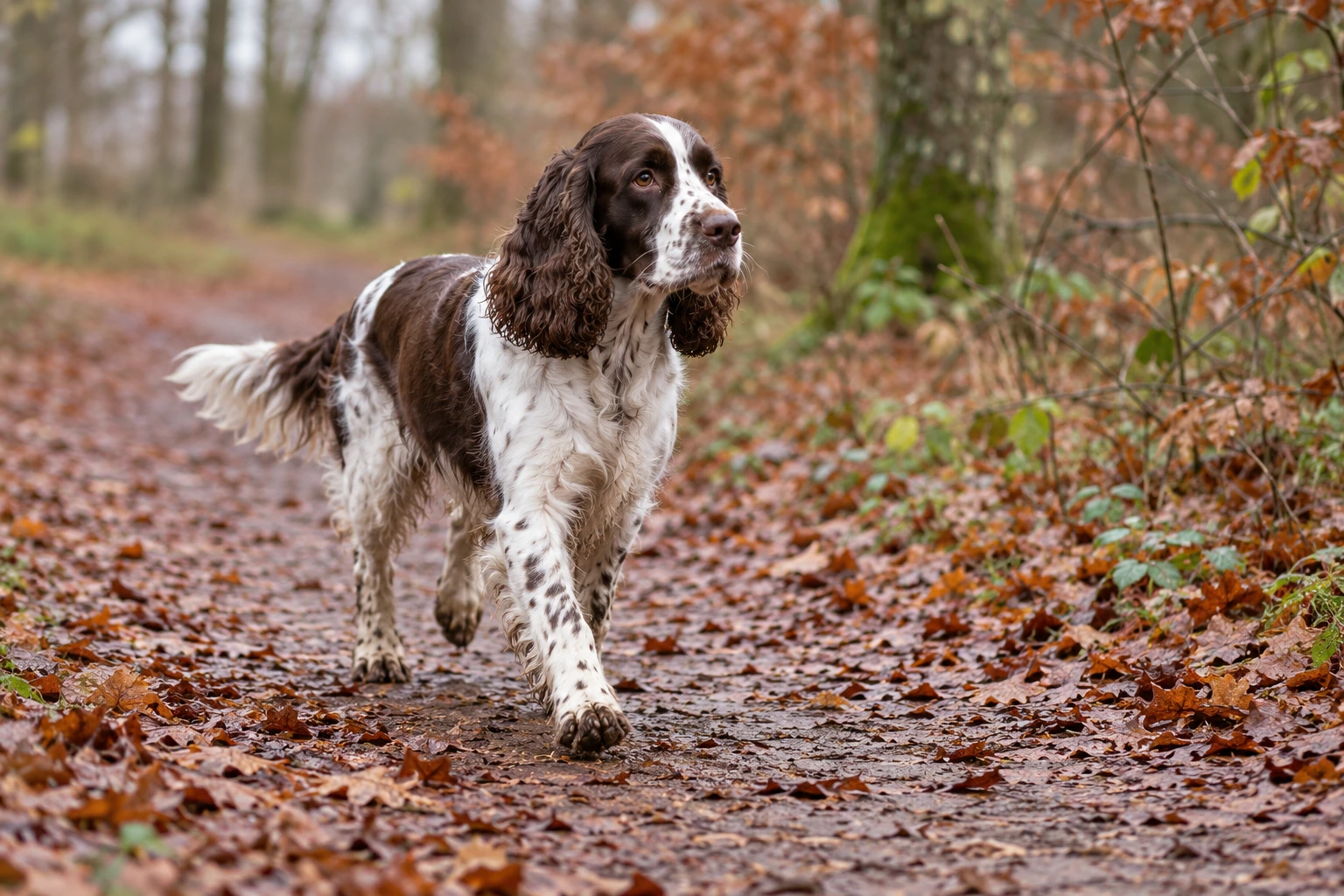 Brun og hvid voksen Engelsk Springer Spaniel traver på en skovsti