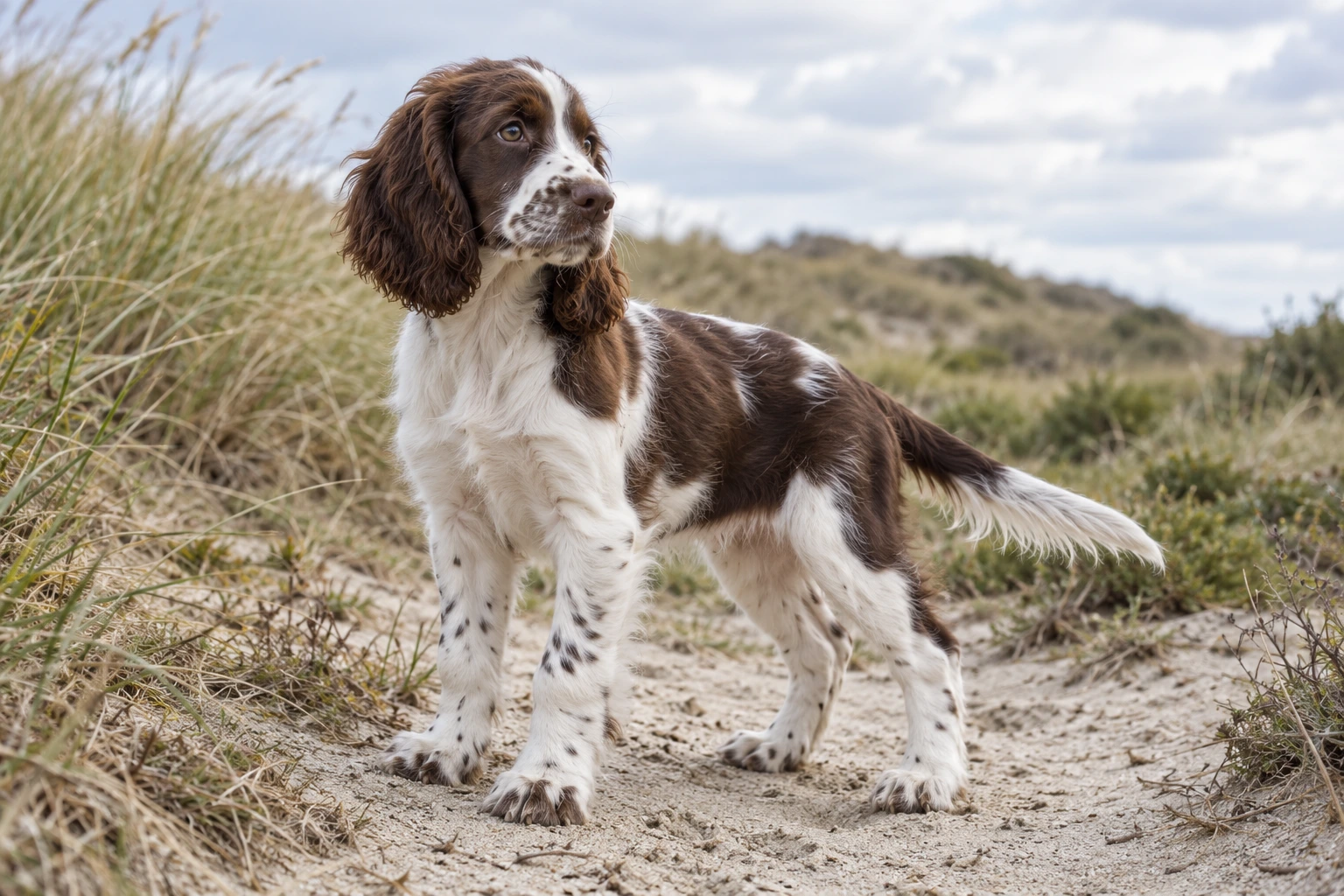 Hvalp af racen Engelsk Springer Spaniel, ca. 12 uger, i et nordisk hverdagsmiljø
