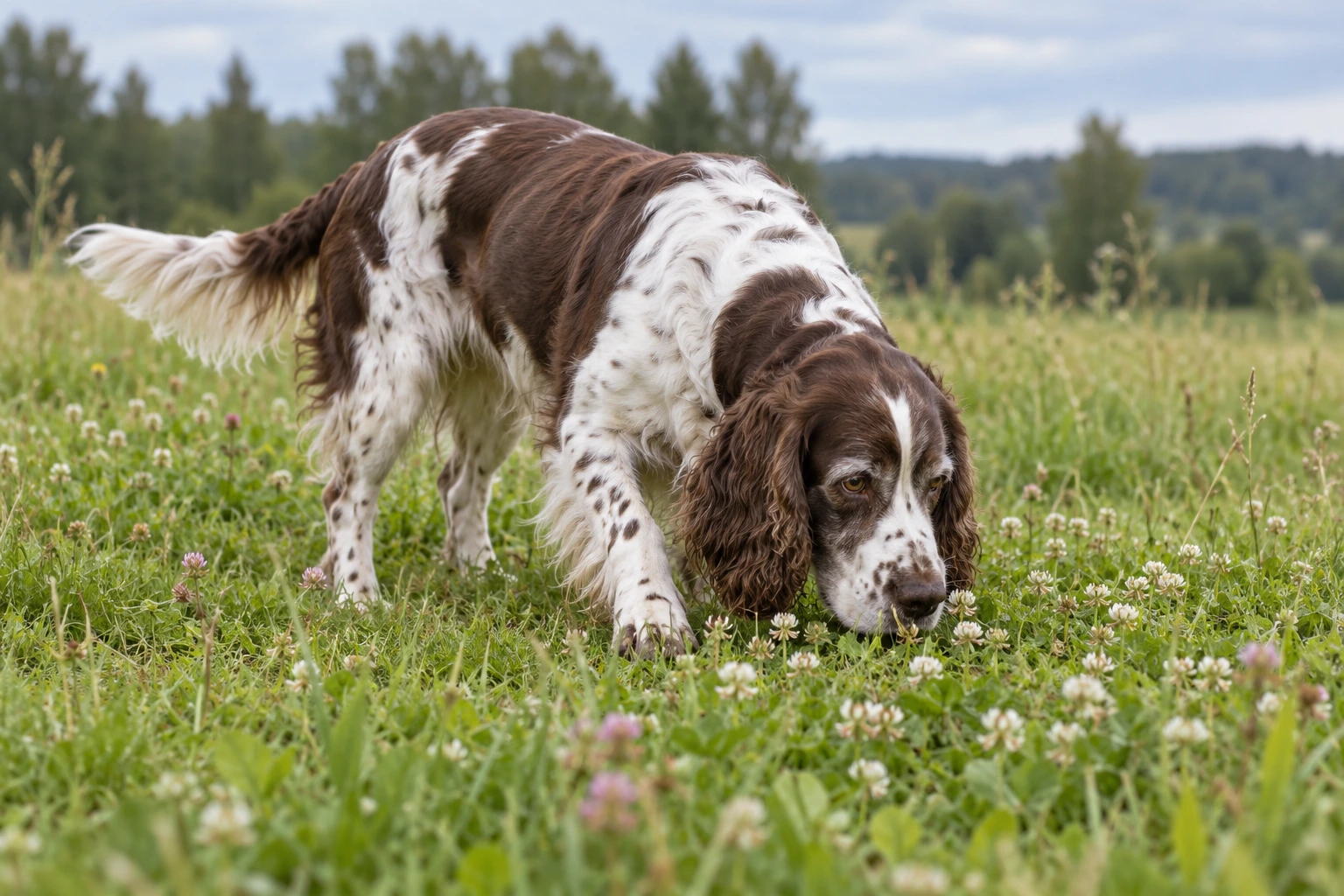 Senior af racen Engelsk Springer Spaniel, ca. 10 år, i et nordisk hverdagsmiljø