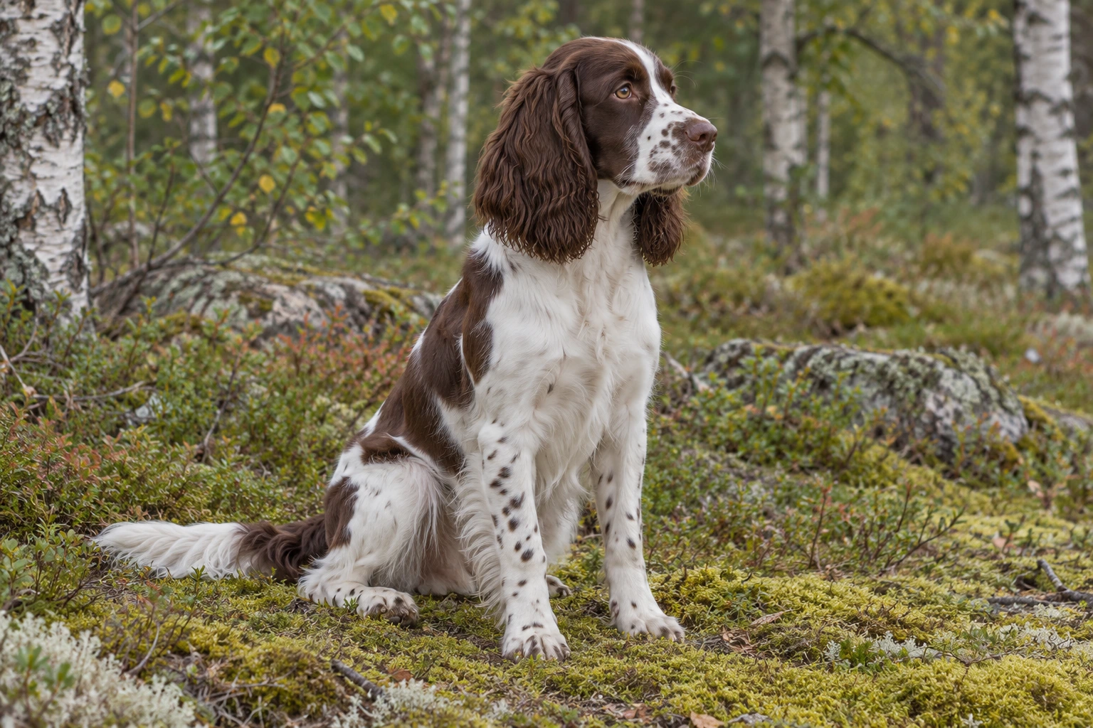 Unghund af racen Engelsk Springer Spaniel, ca. 9 måneder, i et nordisk hverdagsmiljø