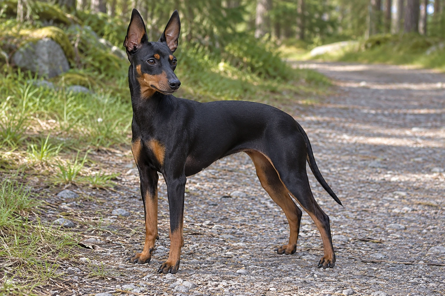 Sort og tan Engelsk Toy Terrier med oprette lysflammeformede ører står på en skovsti.