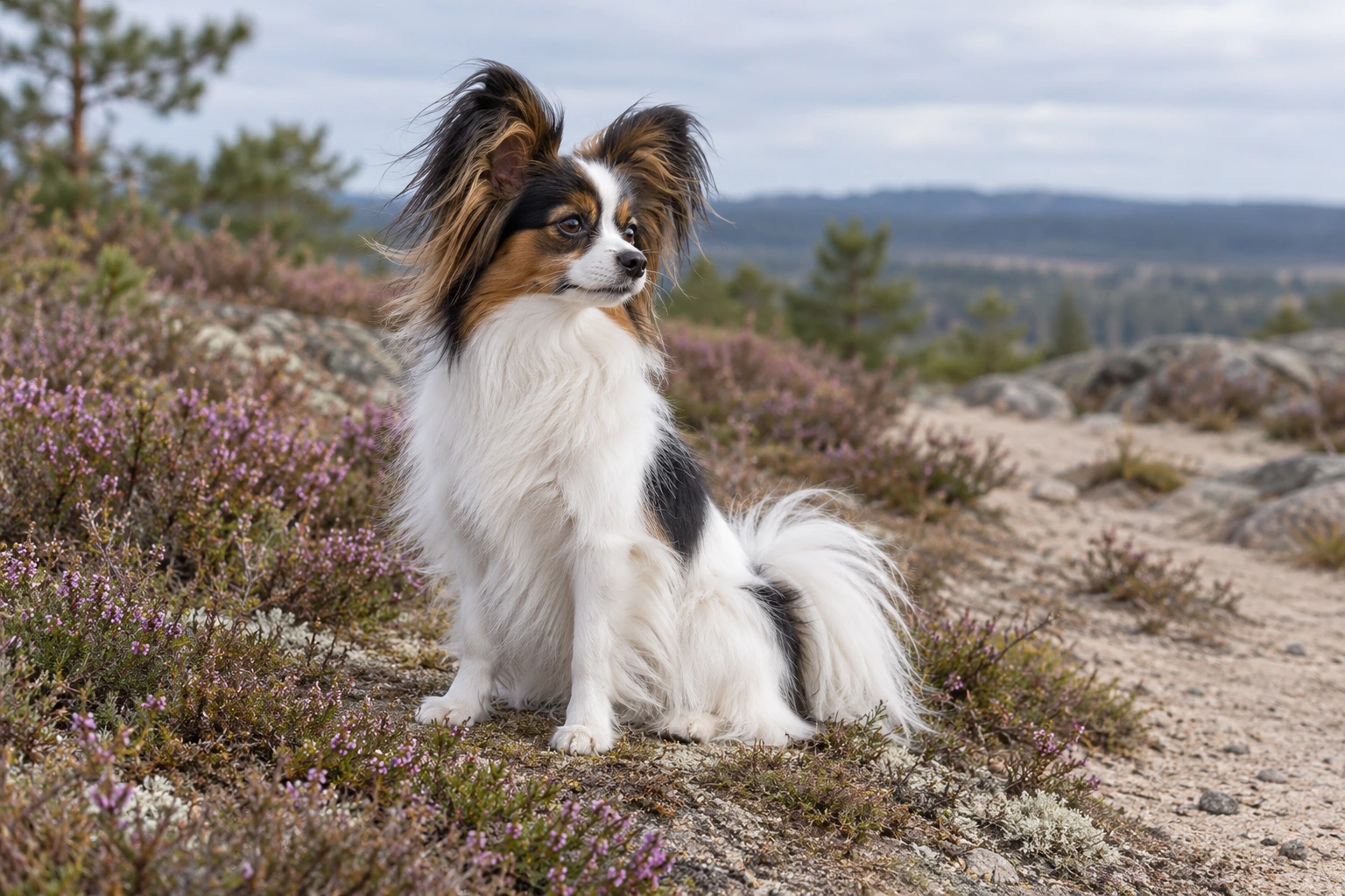 Trefarvet voksen Papillon sidder i et hedelandskab
