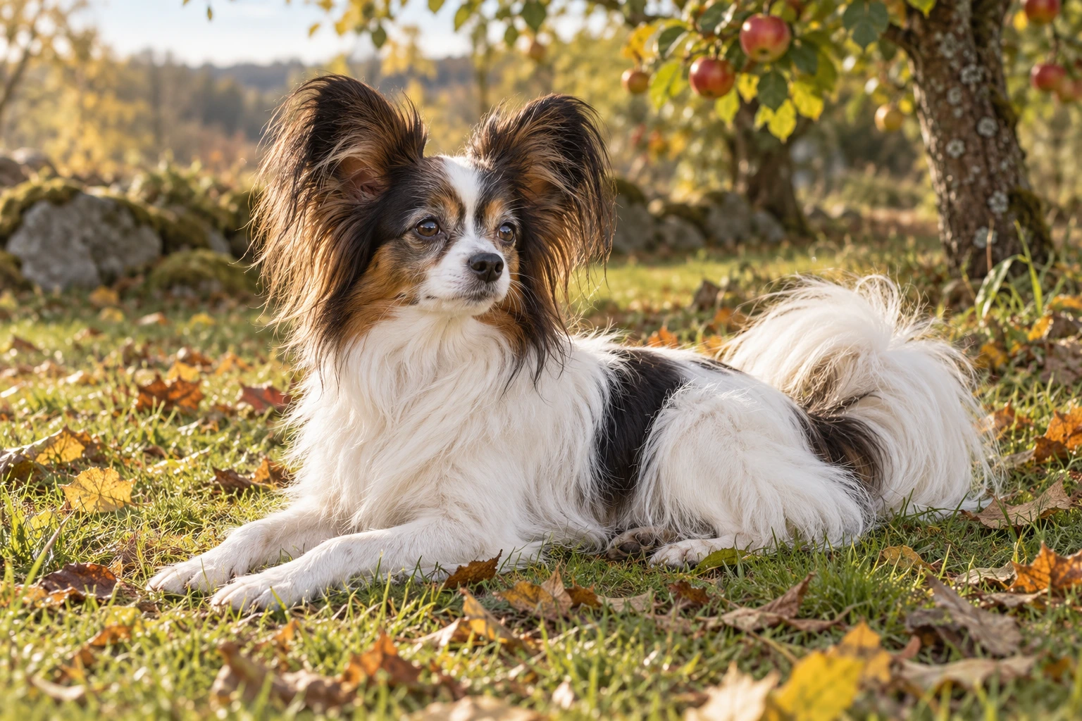 Senior af racen Papillon/Phalène, ca. 10 år, i et nordisk hverdagsmiljø