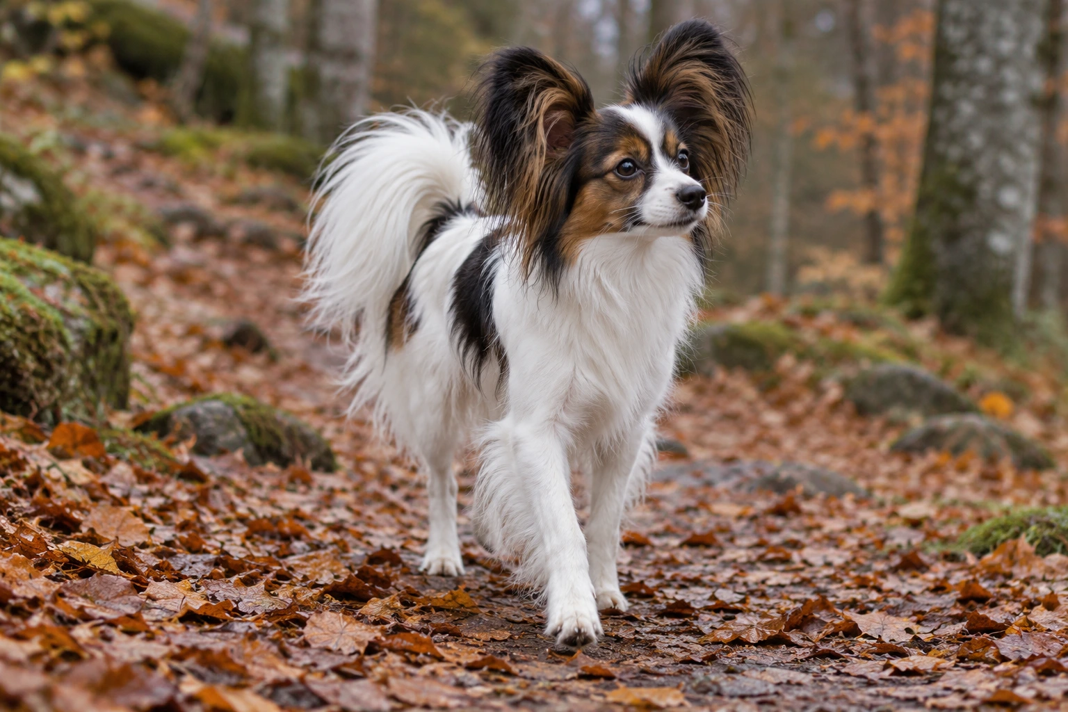 Unghund af racen Papillon/Phalène, ca. 9 måneder, i et nordisk hverdagsmiljø