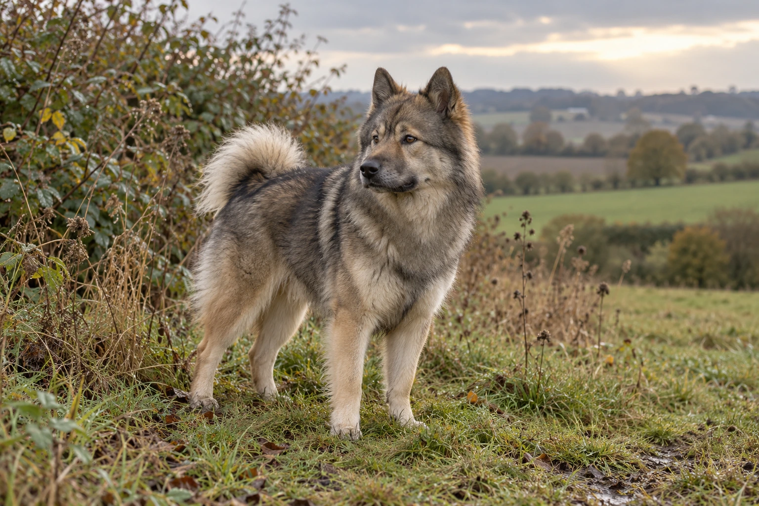 Ulvegrå voksen Eurasier står ved et levende hegn