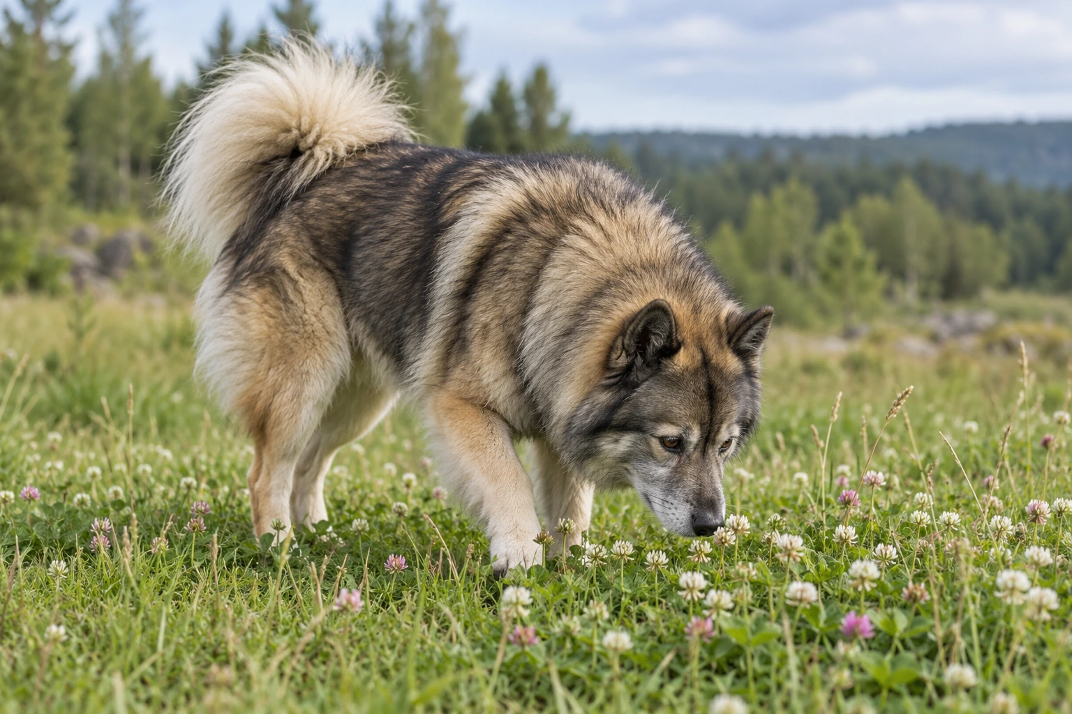 Senior af racen Eurasier, ca. 10 år, i et nordisk hverdagsmiljø