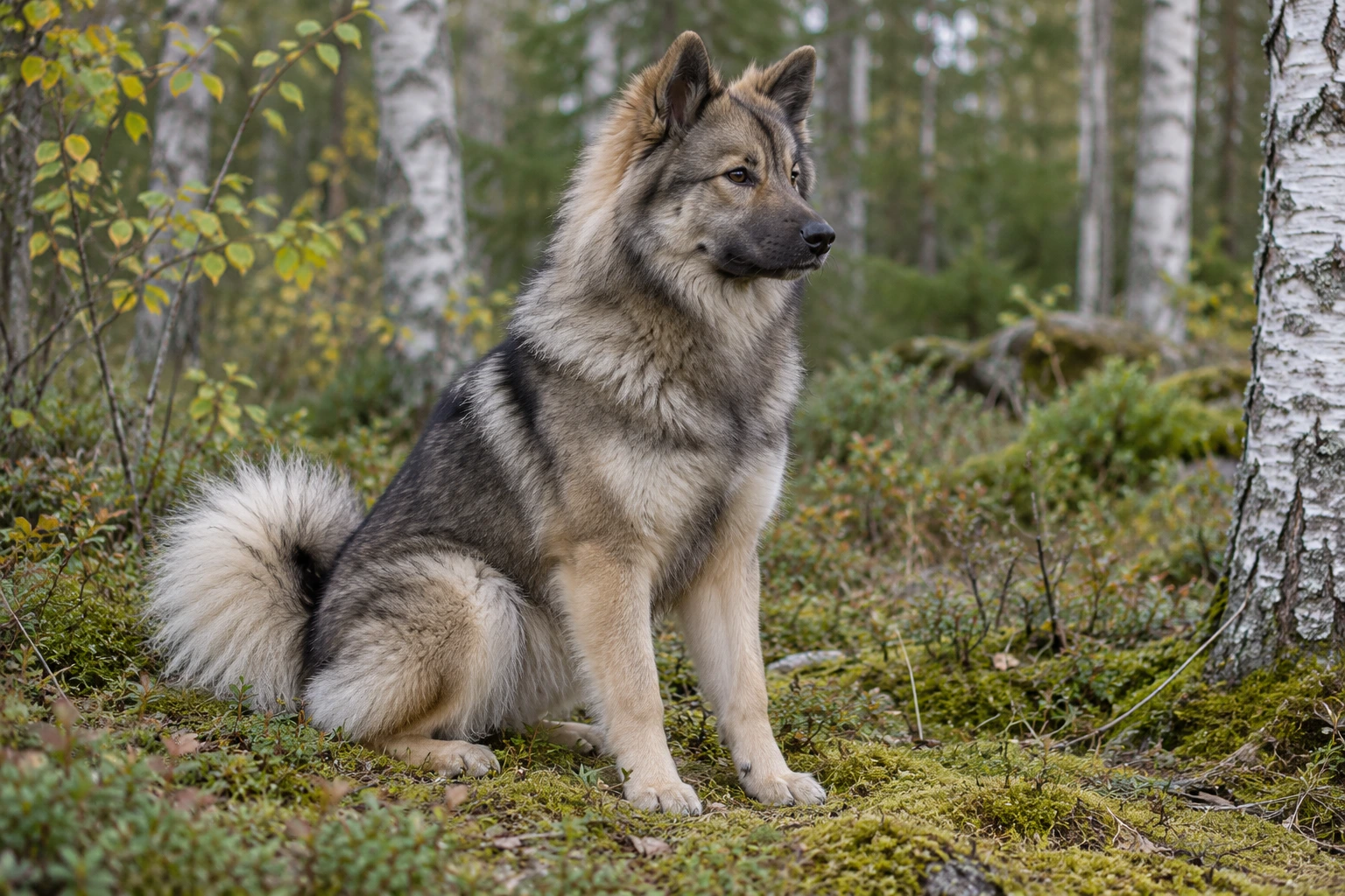 Unghund af racen Eurasier, ca. 9 måneder, i et nordisk hverdagsmiljø