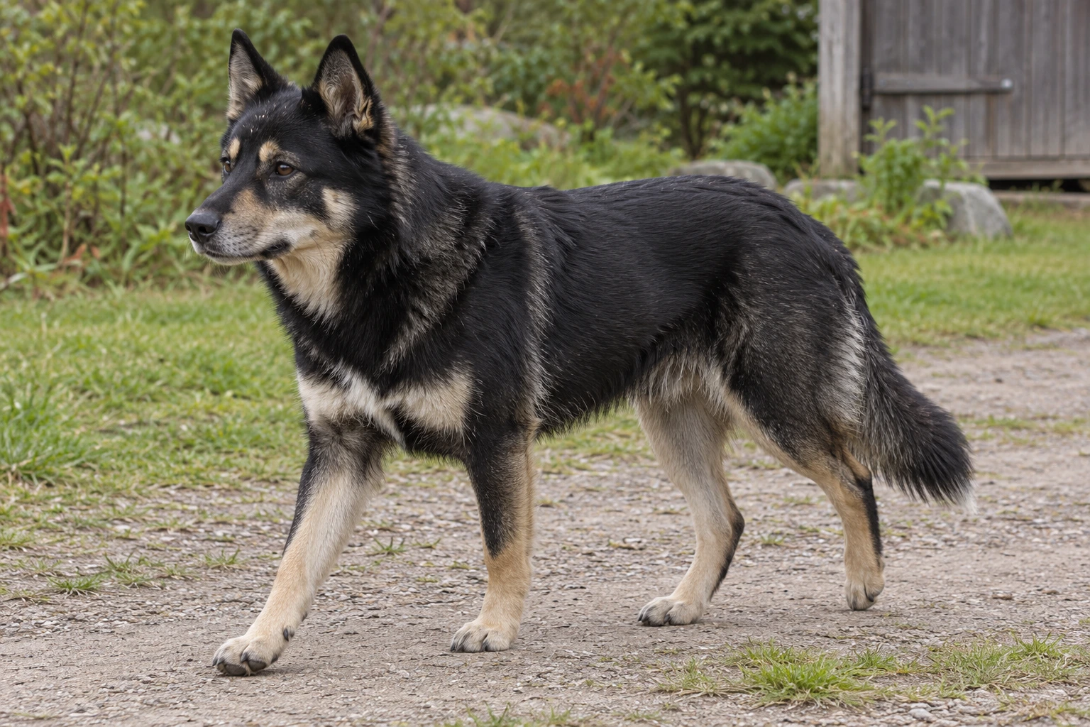 Voksen sort Lapsk Vallhund med lyse gråbrune aftegn og fuld naturlig nedhængende hale på en havesti