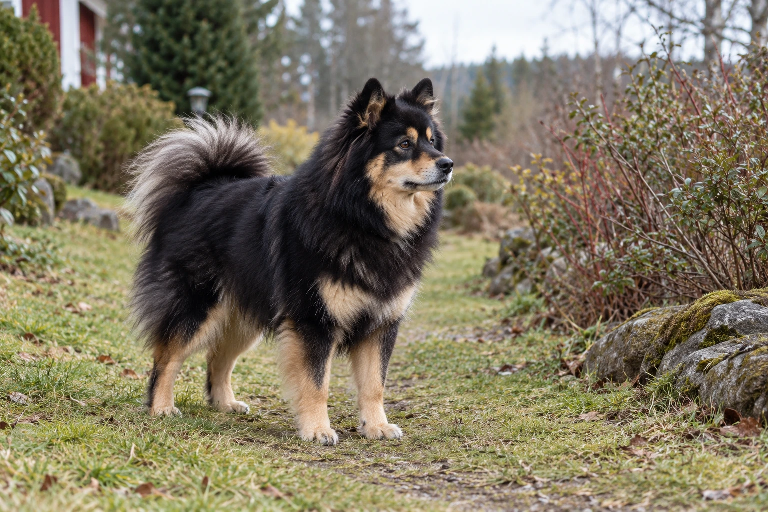 Sort og tan voksen Finsk Lapphund står i en vinterhave