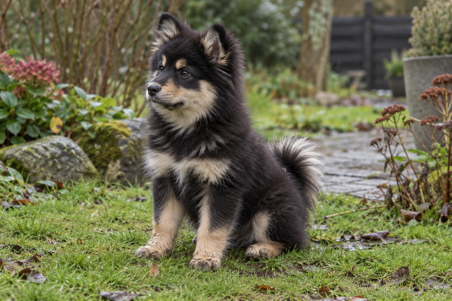 Hvalp af racen Finsk Lapphund, ca. 12 uger, i et nordisk hverdagsmiljø