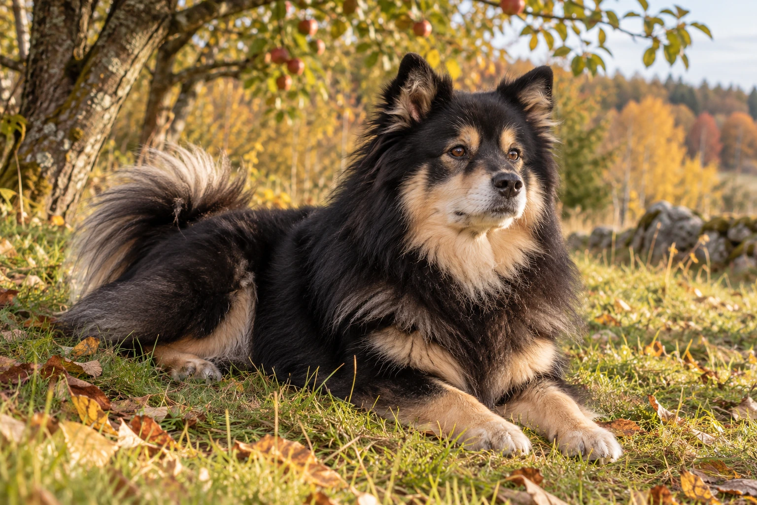 Senior af racen Finsk Lapphund, ca. 10 år, i et nordisk hverdagsmiljø