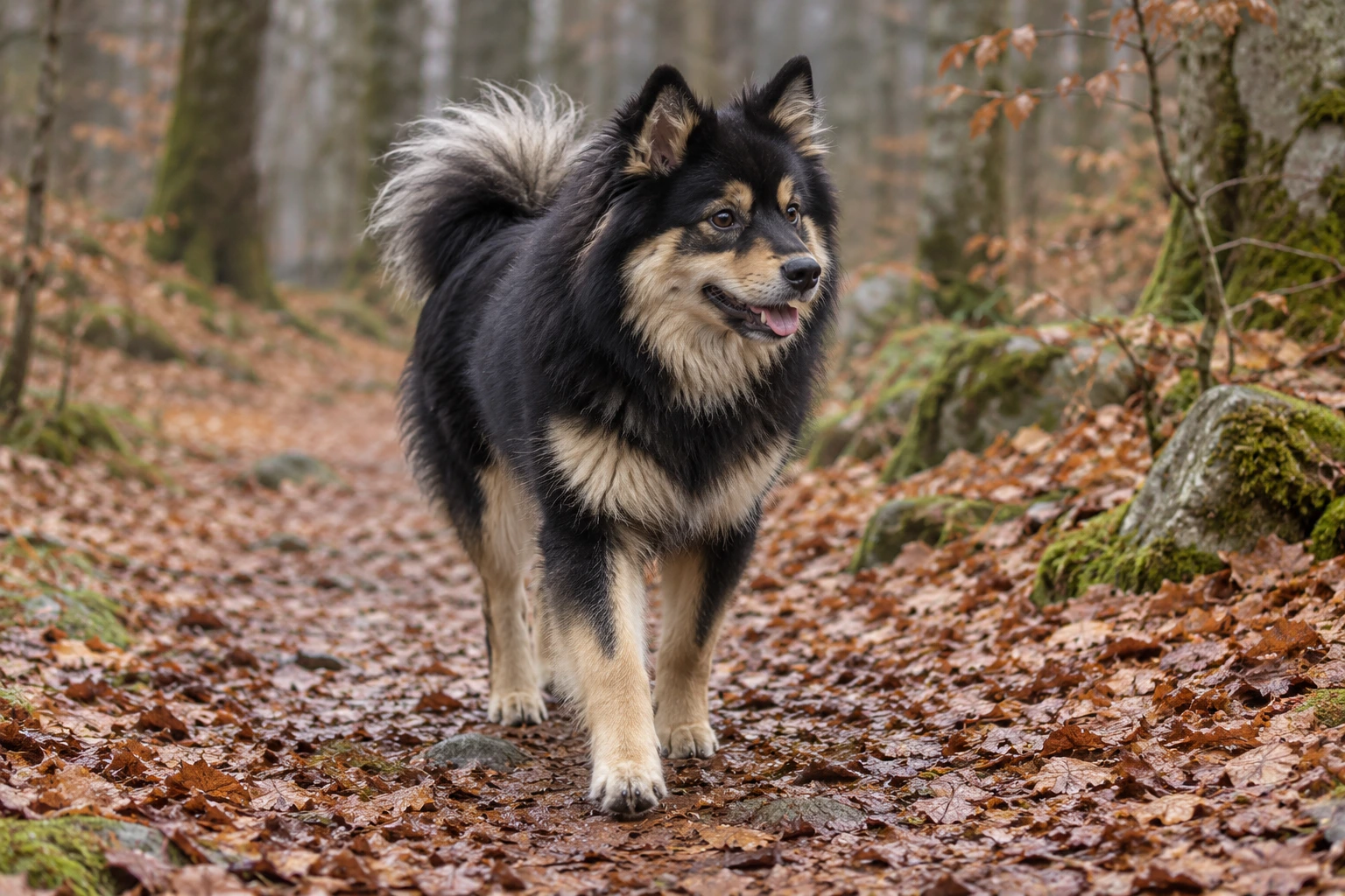 Unghund af racen Finsk Lapphund, ca. 9 måneder, i et nordisk hverdagsmiljø