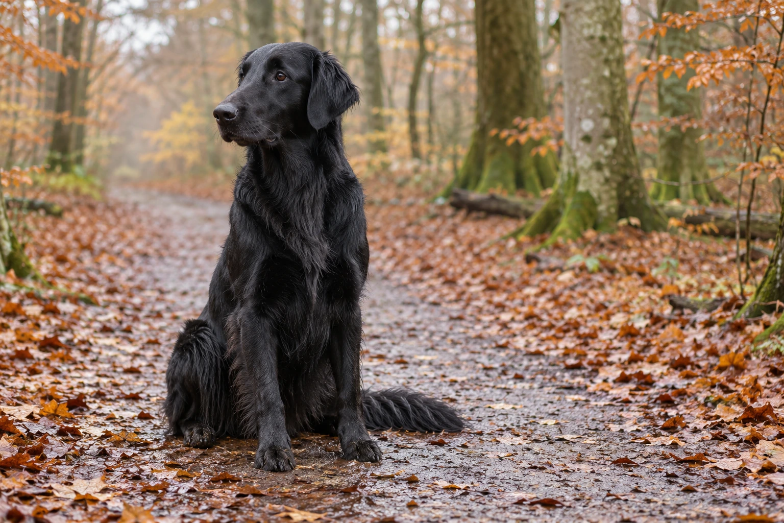 Sort voksen Flat Coated Retriever sidder på en efterårssti