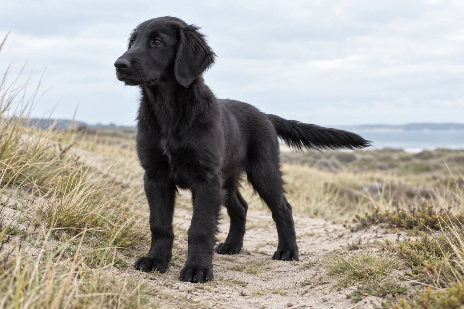 Hvalp af racen Flat Coated Retriever, ca. 12 uger, i et nordisk hverdagsmiljø