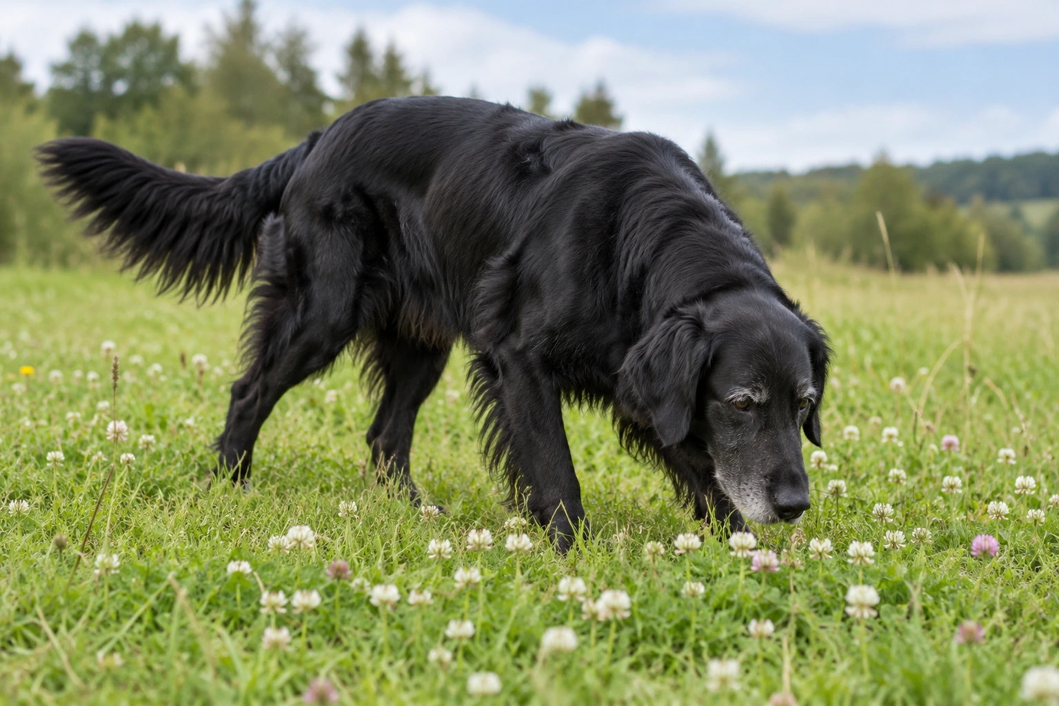 Senior af racen Flat Coated Retriever, ca. 10 år, i et nordisk hverdagsmiljø