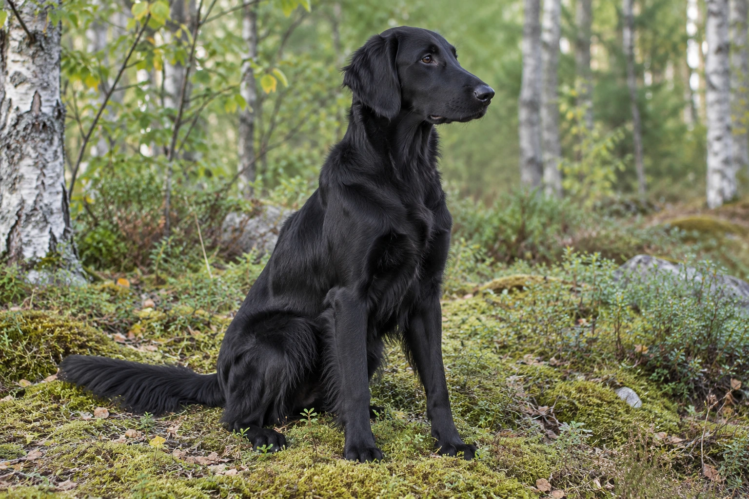Unghund af racen Flat Coated Retriever, ca. 9 måneder, i et nordisk hverdagsmiljø
