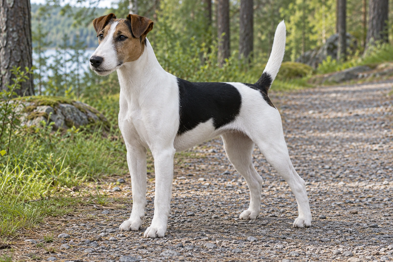 Hvid glathåret Fox Terrier med sort saddel og tan aftegninger står på en skovsti.