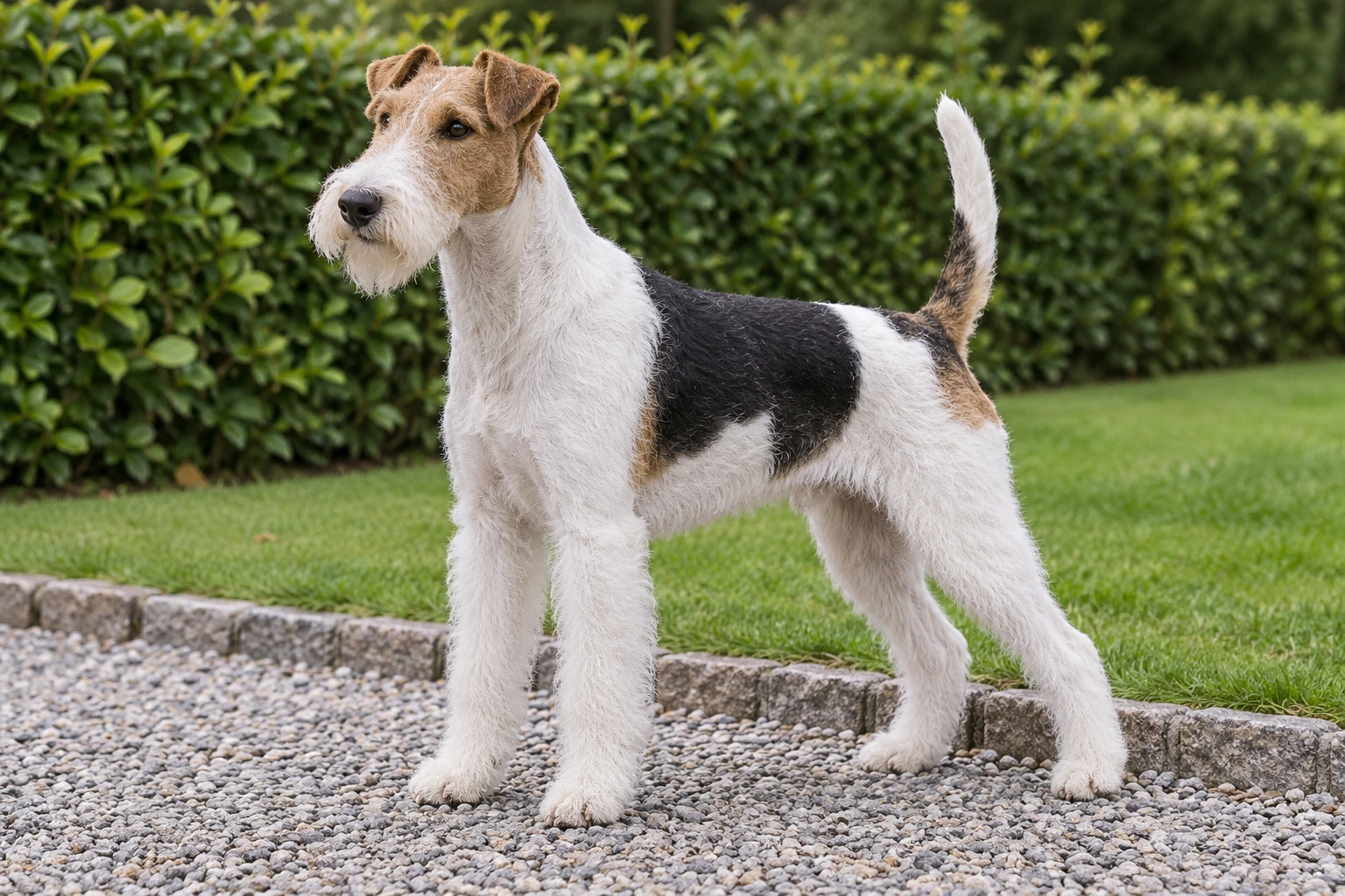 Hvid ruhåret Fox Terrier med sort sadel og tan hoved står på havens grussti.