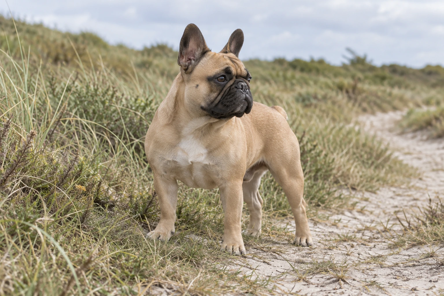 Fawn voksen Fransk Bulldog står på en klitsti
