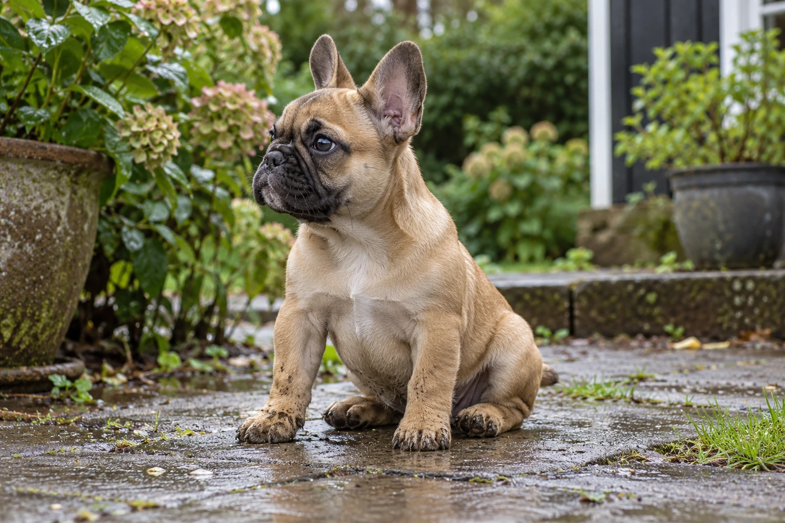 Hvalp af racen Fransk Bulldog, ca. 12 uger, i et nordisk hverdagsmiljø