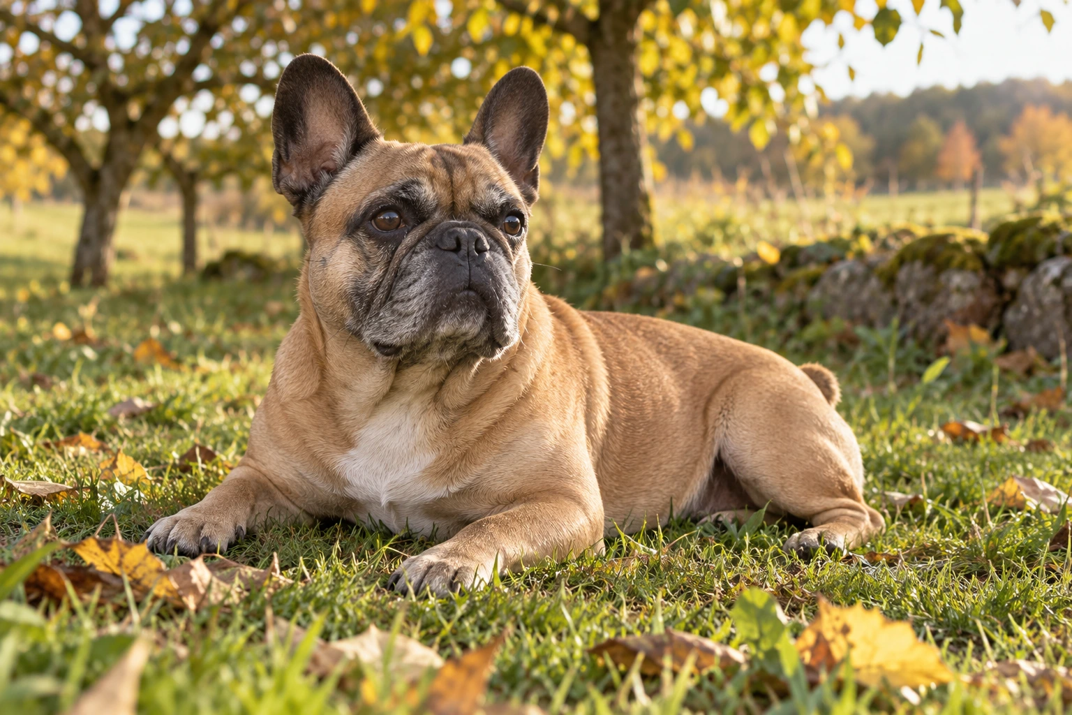 Senior af racen Fransk Bulldog, ca. 10 år, i et nordisk hverdagsmiljø