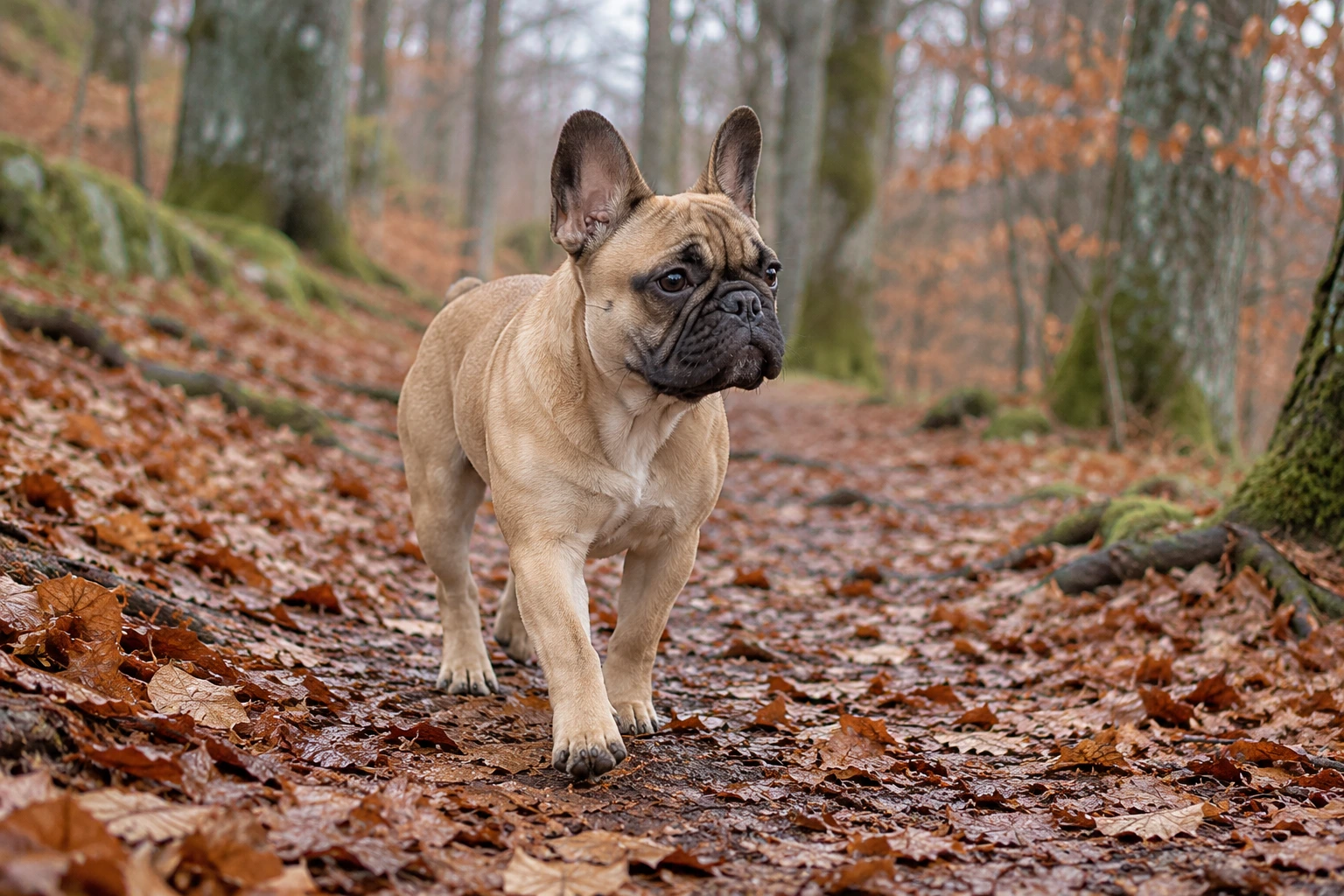Unghund af racen Fransk Bulldog, ca. 9 måneder, i et nordisk hverdagsmiljø