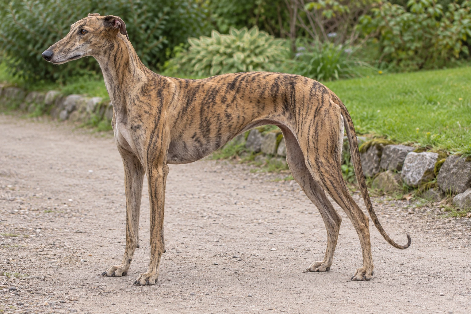 Voksen glathåret brindlet Galgo Español med fuld lang naturlig hale på en havesti