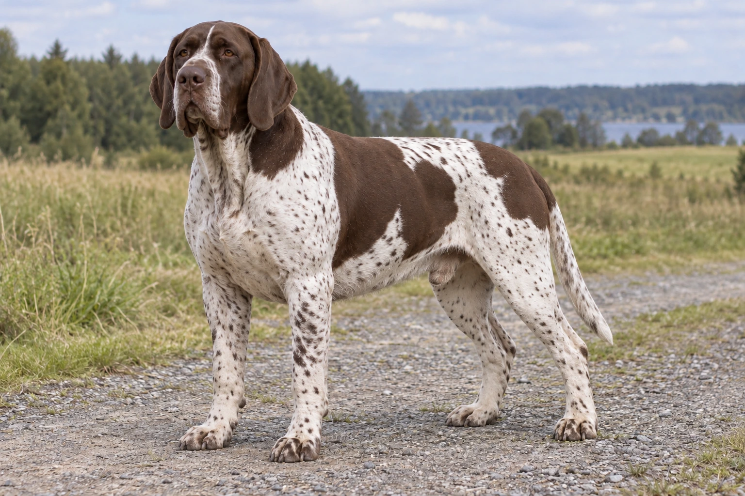 Kraftig hvid og brun Gammel Dansk Hønsehund med dybe læber og halshudfold står på en sti.