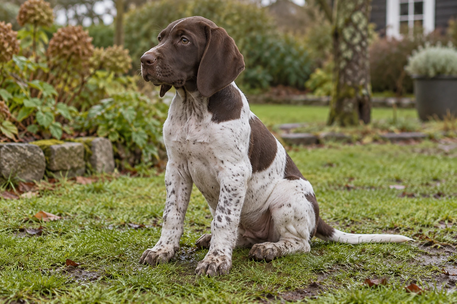 Hvalp af racen Gammel Dansk Hønsehund, ca. 12 uger, i et nordisk hverdagsmiljø