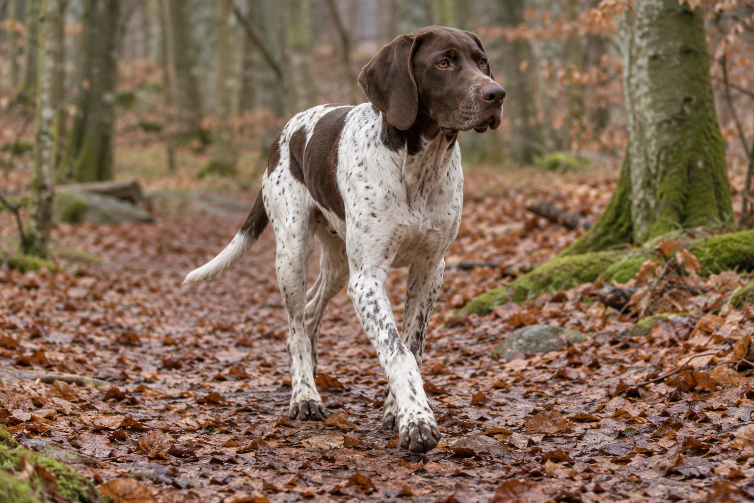 Unghund af racen Gammel Dansk Hønsehund, ca. 9 måneder, i et nordisk hverdagsmiljø