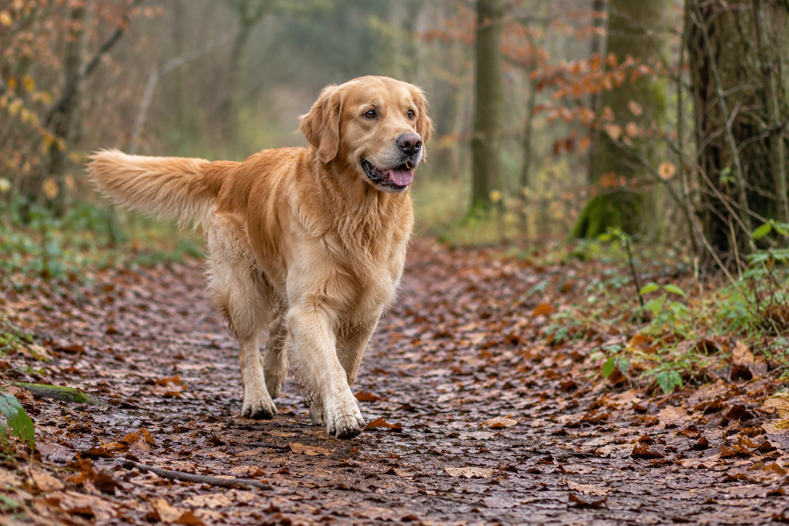 Voksen Golden Retriever går på en sti med efterårsblade