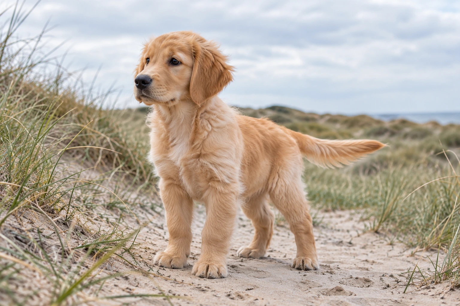 Hvalp af racen Golden Retriever, ca. 12 uger, i et nordisk hverdagsmiljø