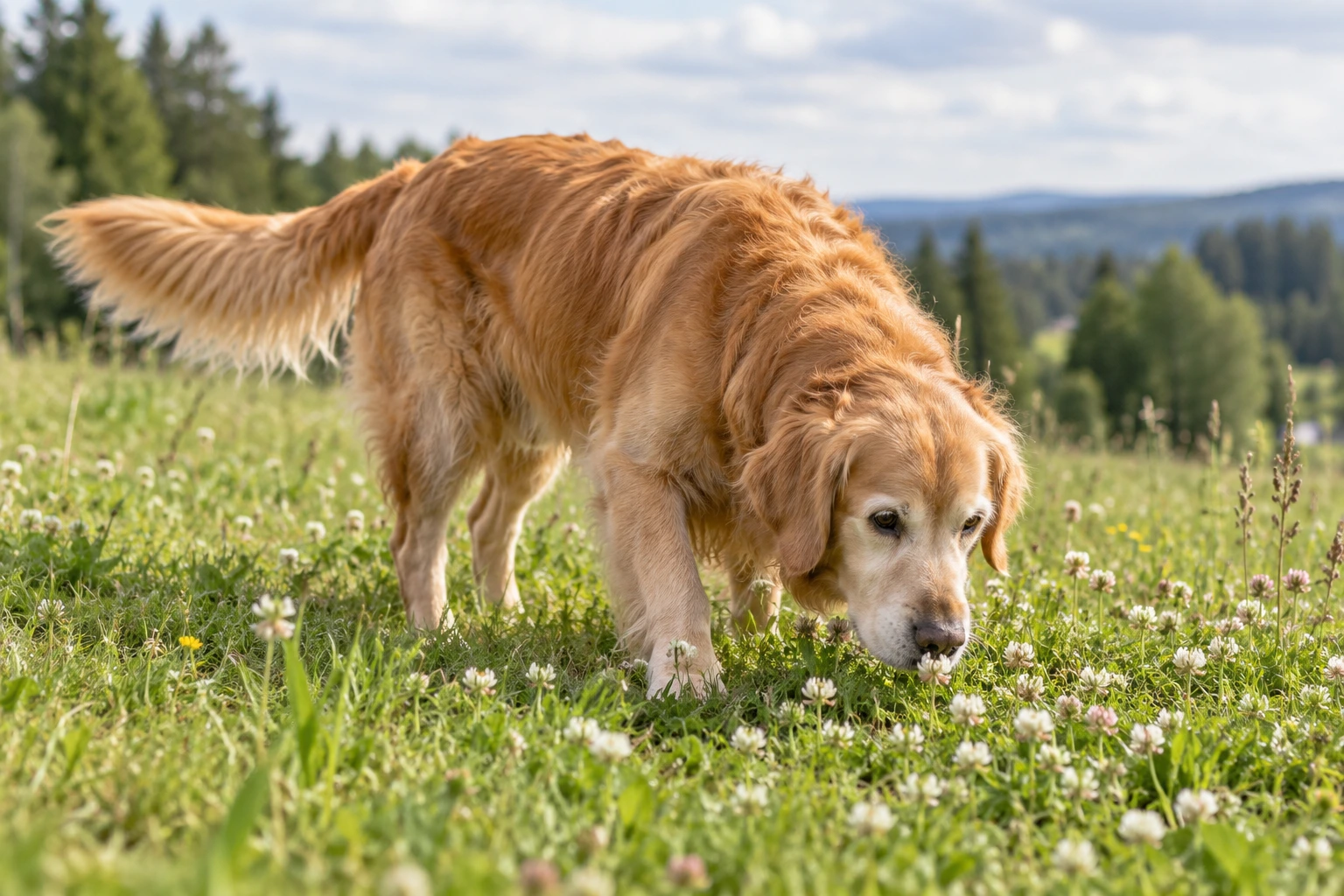 Senior af racen Golden Retriever, ca. 10 år, i et nordisk hverdagsmiljø