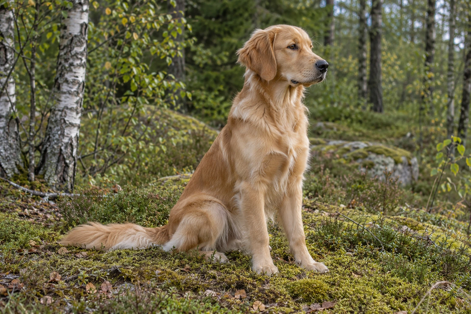 Unghund af racen Golden Retriever, ca. 9 måneder, i et nordisk hverdagsmiljø