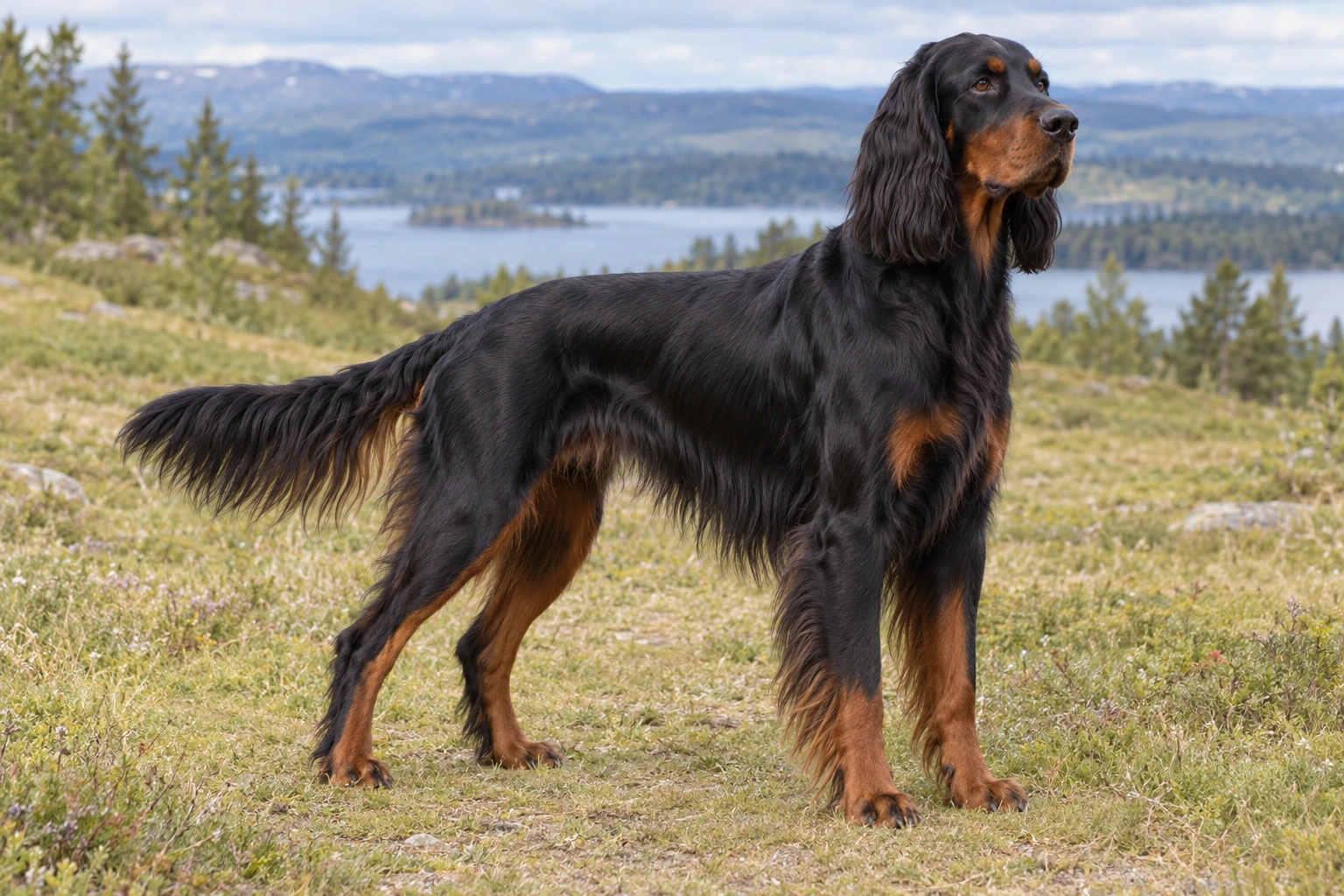 Sort og tan Gordon Setter med lange faner står på en engsti.