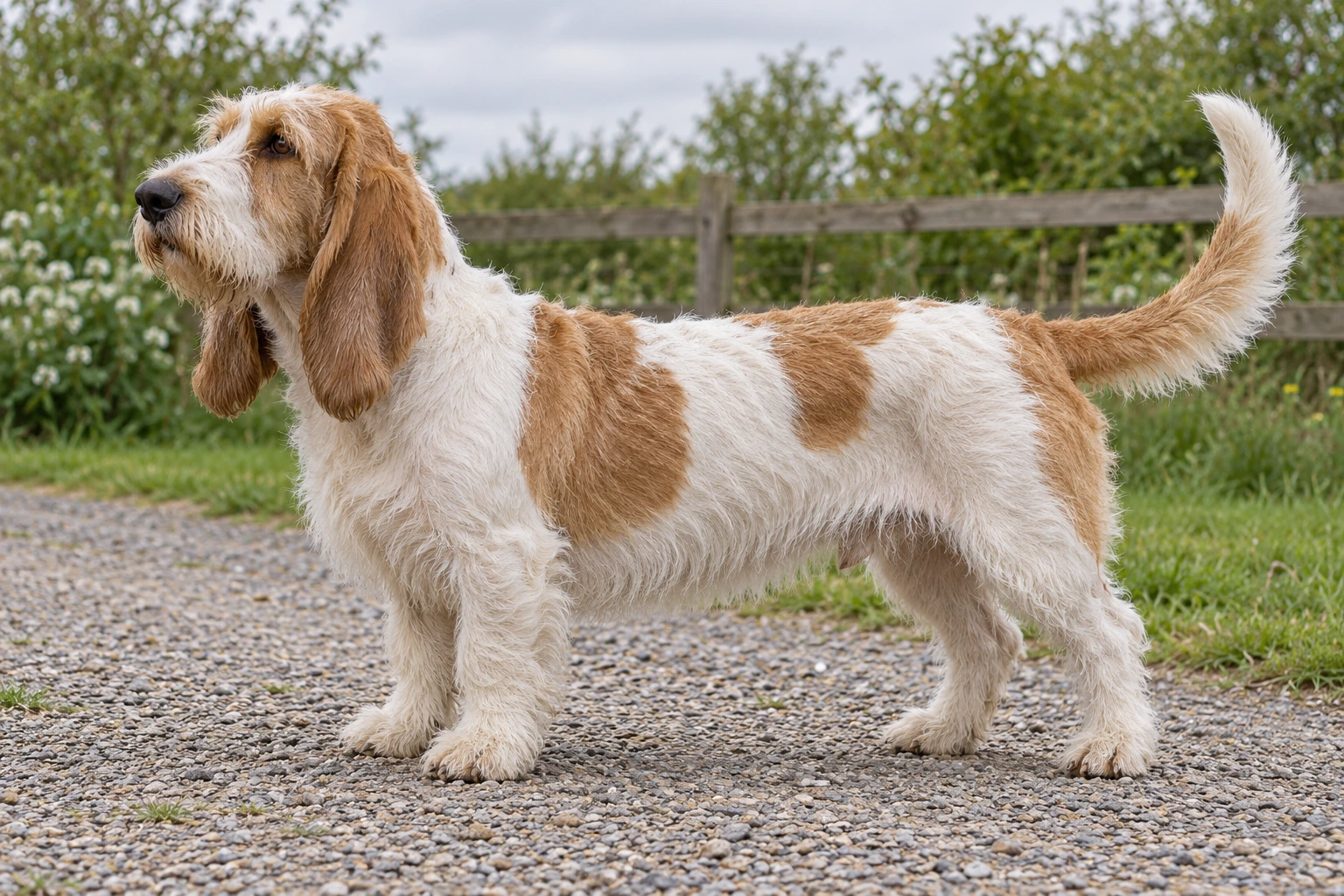 Voksen fauve og hvid Grand Basset Griffon Vendéen med ru pels, lange naturlige hængeører og fuld hale