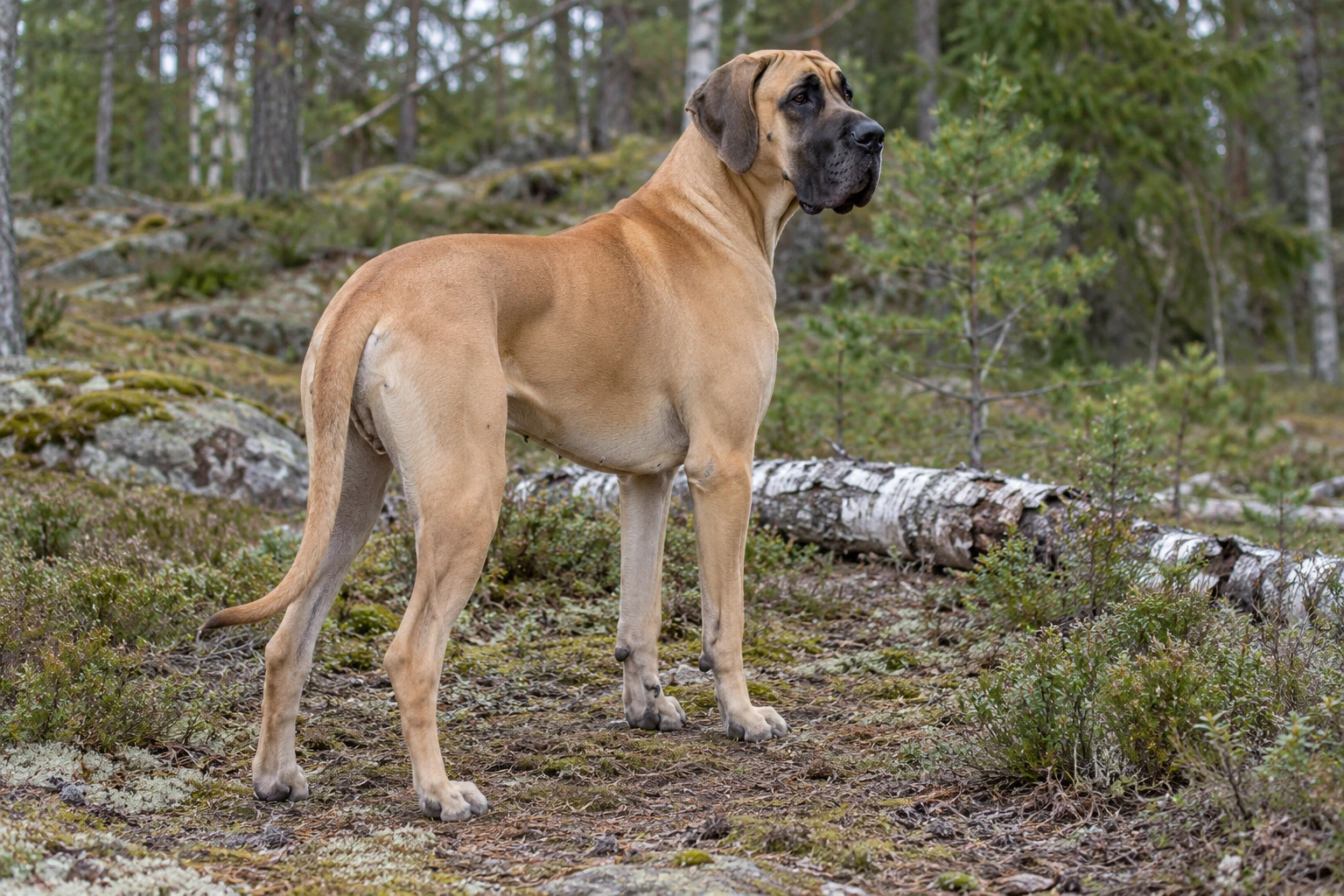 Fawn voksen Grand Danois står i en skov