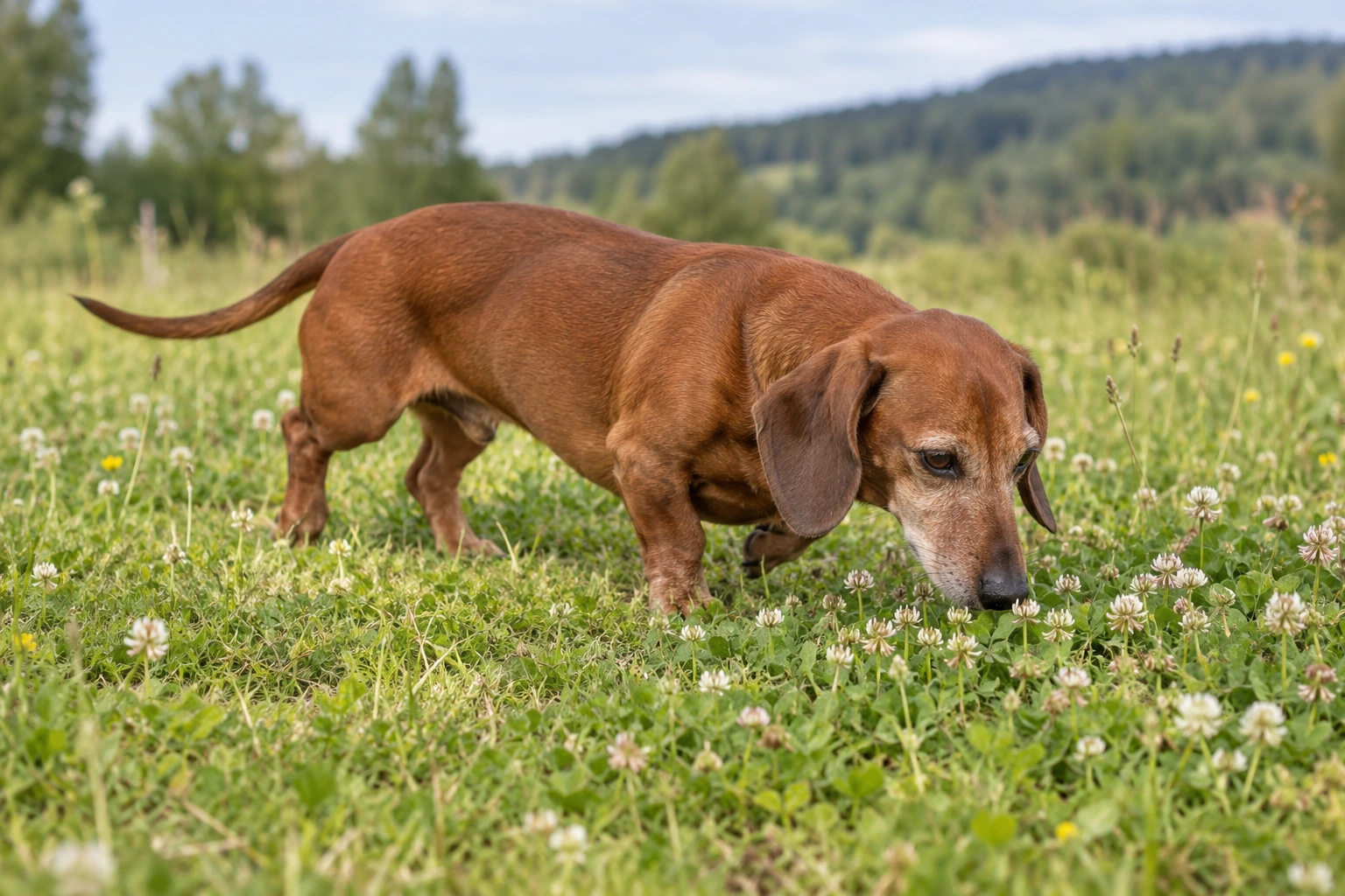 Senior af racen Gravhund, ca. 10 år, i et nordisk hverdagsmiljø