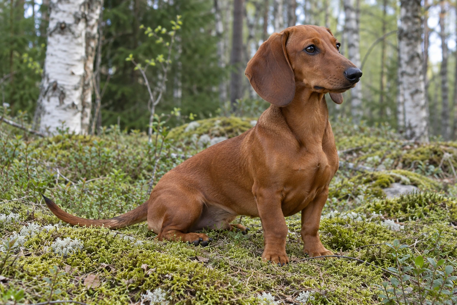 Unghund af racen Gravhund, ca. 9 måneder, i et nordisk hverdagsmiljø