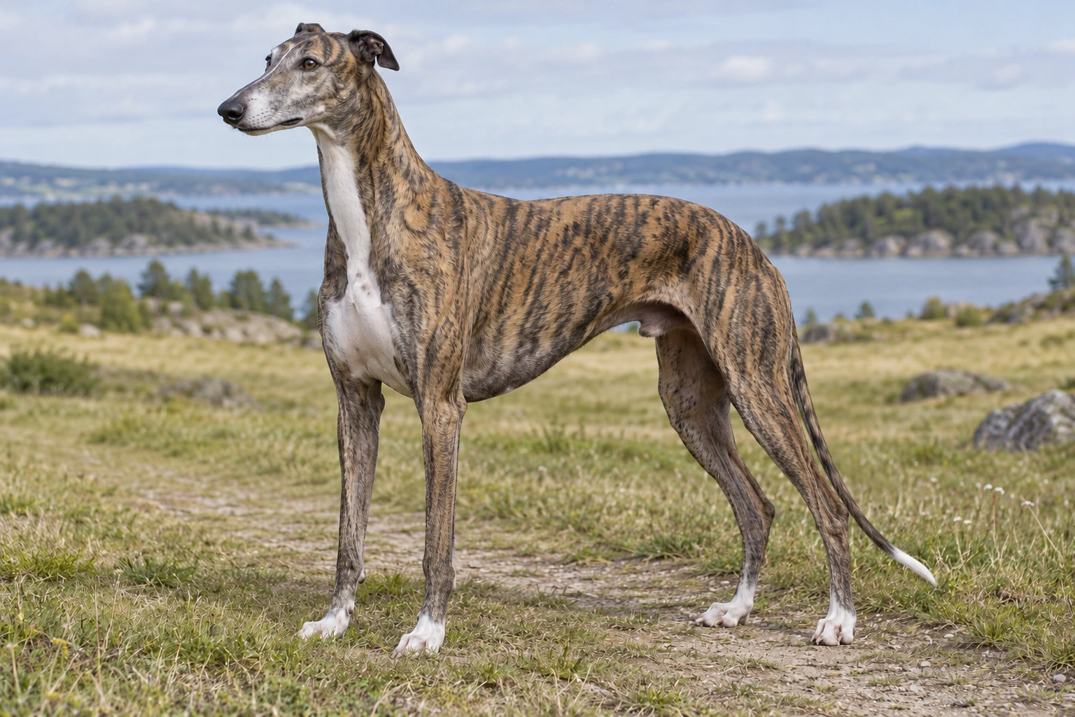 Brindle Greyhound med dybt bryst og lang lav hale står på en engsti.