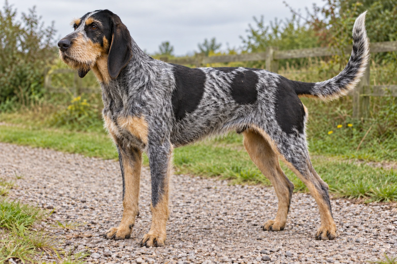 Voksen ruhåret Griffon Bleu de Gascogne med skiferblåmarmoreret pels, tan-aftegn, ru bryn og naturlige hængeører